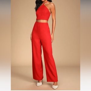 Lulus - Elegant Edge Red Wide-Leg Halter Two-Piece Jumpsuit *NWT*